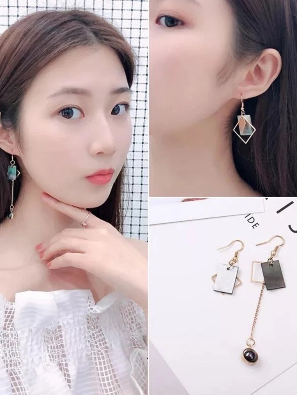 Asymmetric Black & White Geometric Dangle Earrings | Mismatched Statement